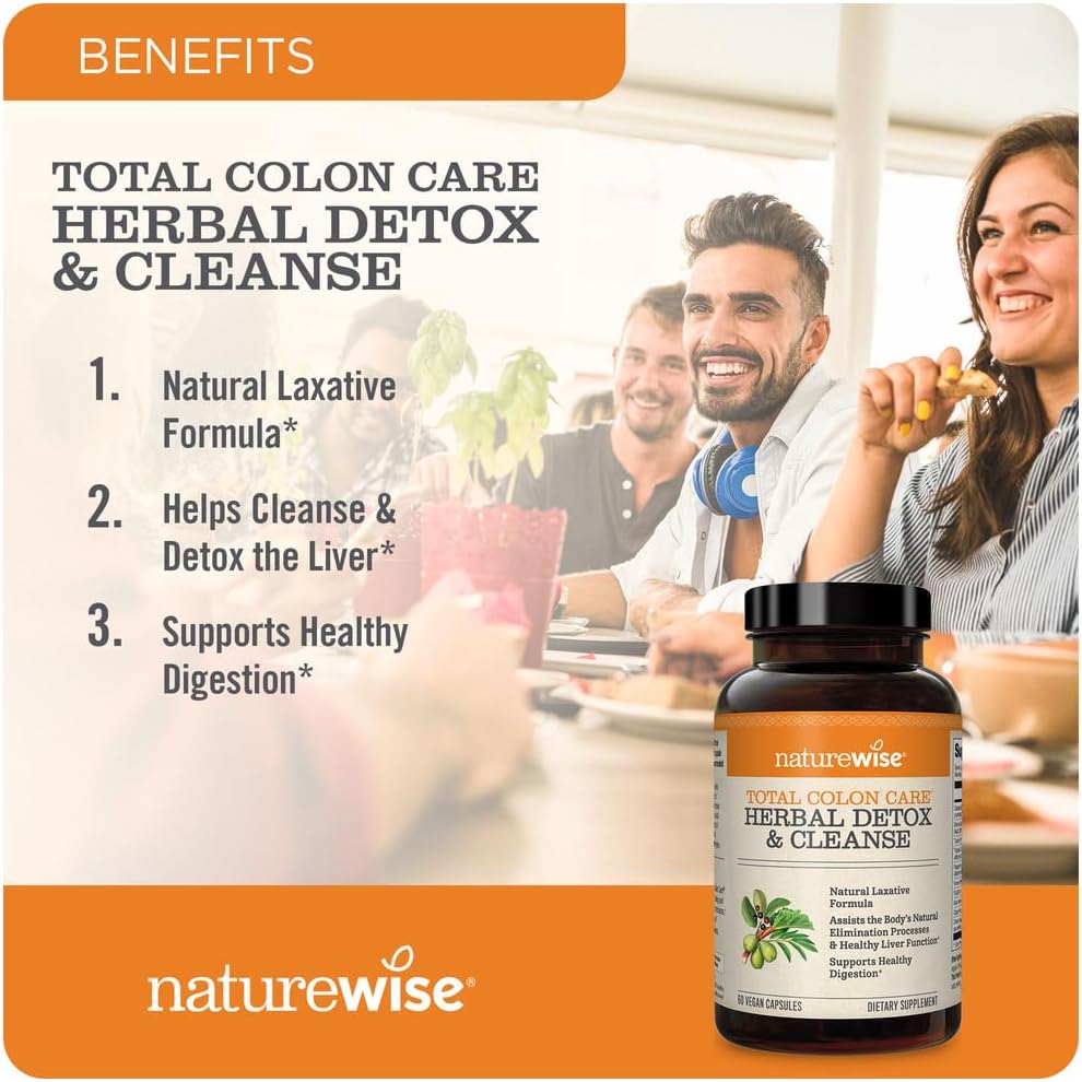 Naturewise Total Colon Care Herbal Cleanse - With Prebiotics, Botanicals, & Antioxidants - for Regular Bowel Movement, Digestion, Gut Health - Vegan, Gluten-Free, Non-GMO - 60 Capsules[2-Month Supply] - Nirvana Guru