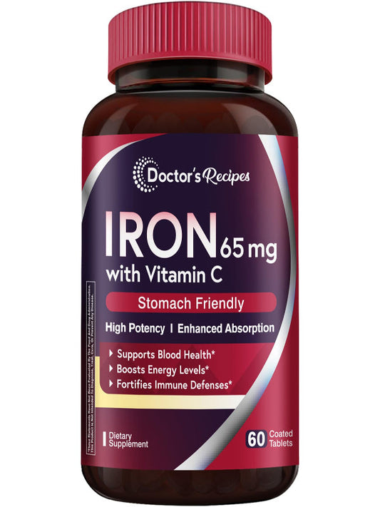 Doctor's Recipes Iron Supplement 65 mg with Vitamin C - Maximized Absorption, Stomach Friendly & High Potency Iron Pills for Red Blood Cells Formation & Immunity Health - Vegan Non-GMO 60 Iron Tablets Nirvana Guru