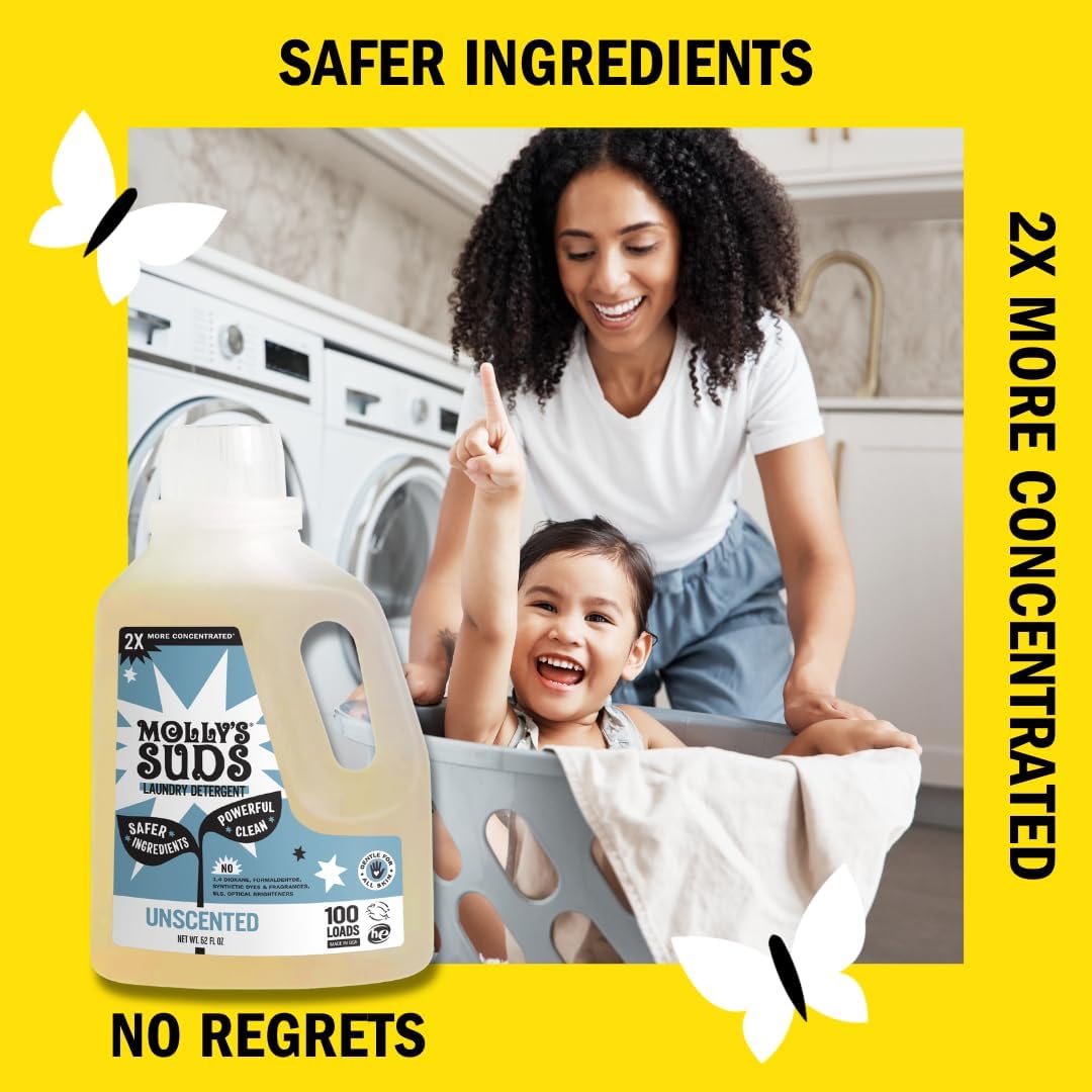 Molly's Suds Liquid Laundry Detergent | Clean Laundry Detergent Soap for Sensitive Skin | 2x Concentrated, High Efficiency (HE) | Unscented - 100 Loads Nirvana Guru