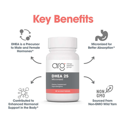 Allergy Research Group DHEA 25mg Supplement - Hormone Support for Men & Women, Micronized Lipid Matrix, Hypoallergenic, Soy-Free, Scored Tablets - 60 Count Nirvana Guru