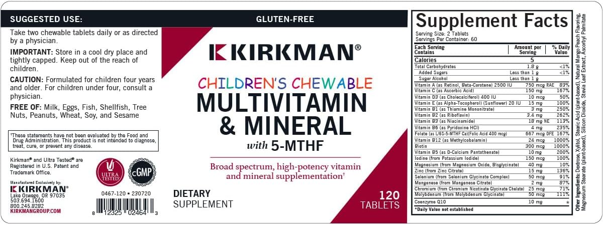 Kirkman - Children's Multivitamin & Mineral - 120 Capsules - with 5-MTHF - Potent Broad Spectrum Vitamin/Mineral Supplement - Hypoallergenic - Nirvana Guru