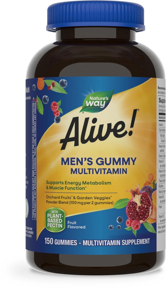 Nature's Way Alive! Men's Gummy Multivitamin, Supports Energy Metabolism*, Muscle Function*, Superfood Antioxidants(1), B-Vitamins, Vegetarian, Fruit Flavored, 60 Gummies (Packaging May Vary) - Nirvana Guru