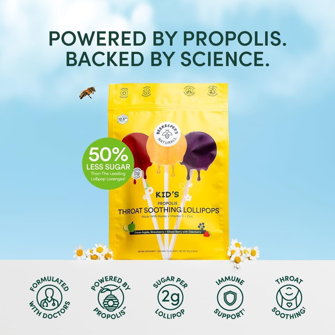 Kids Throat Soothing Lollipops by Beekeeper's Naturals - Doctor Formulated Immune Support, Vitamin D & Honey, Under 2g Sugar, Clean Ingredients,15 ct Nirvana Guru