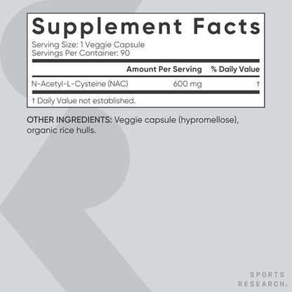 Sports Research N-Acetyl L-Cysteine (NAC) 600mg, 90 Veggie Capsules - Vegan, Non-GMO, Gluten Free. Lemon Aroma - Nirvana Guru