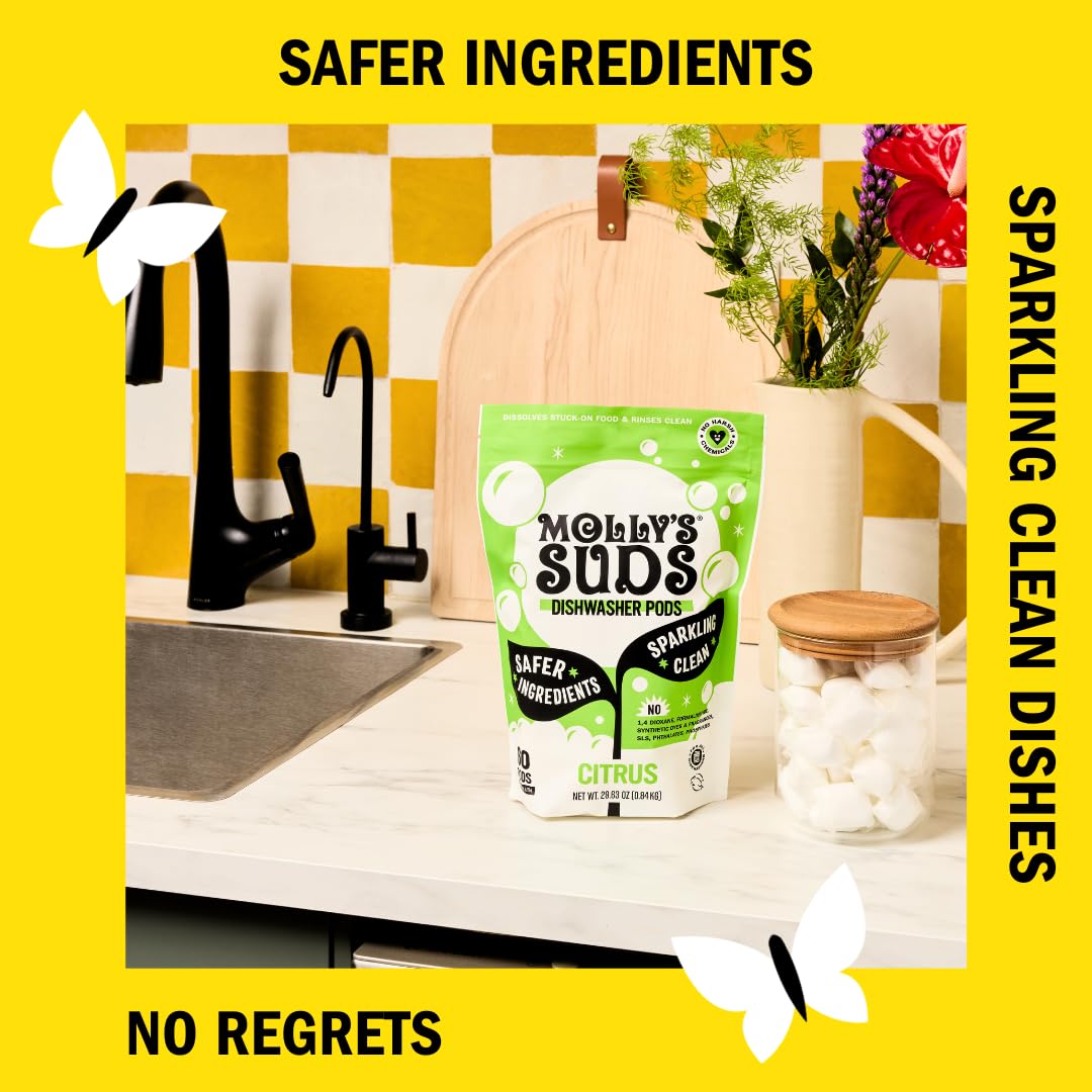 Molly's Suds Dishwasher Pods | Clean Dishwasher Detergent, Cuts Grease & Rinses Clean (Residue-Free) for Sparkling Dishes | 60 Auto-Release Tabs (Citrus) Nirvana Guru