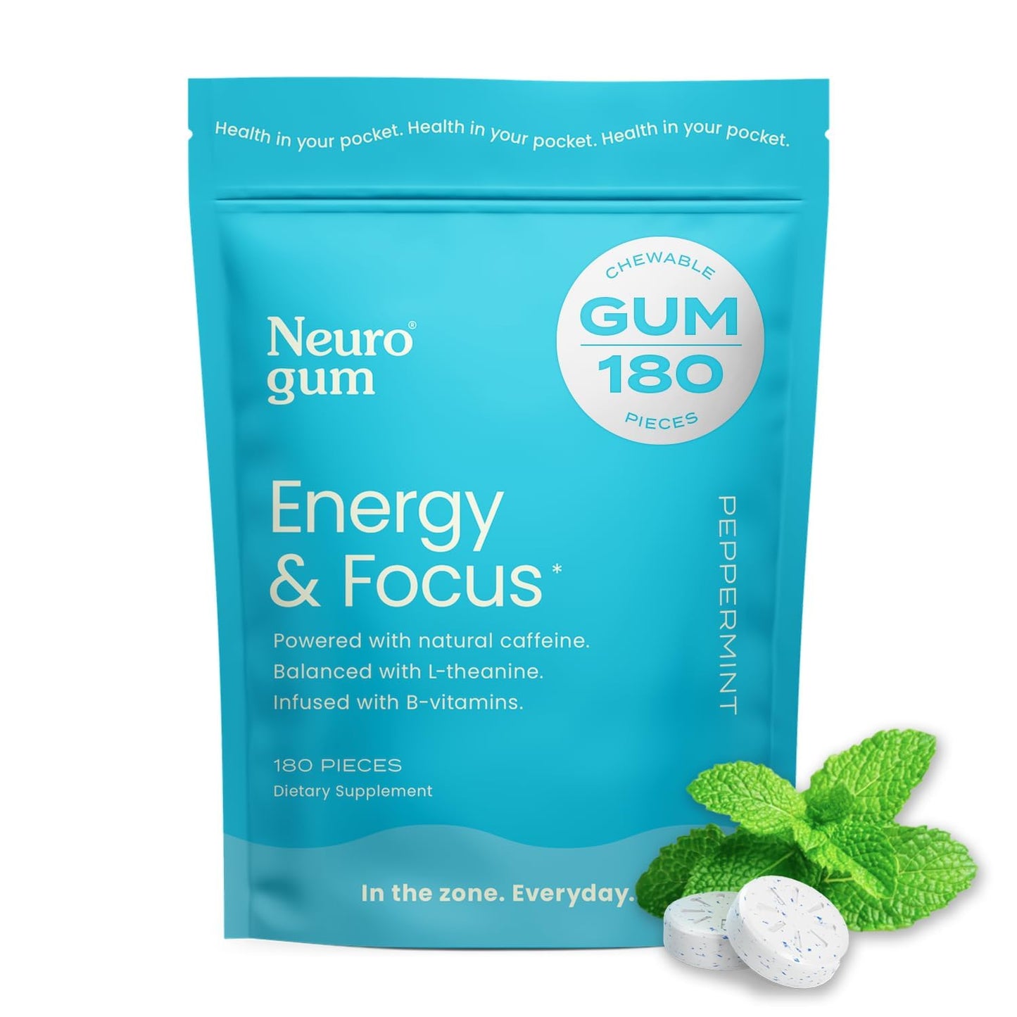 NeuroGum Energy & Focus Gum (Peppermint, 54 Pieces) | 40mg Natural Caffeine + L-Theanine + Vitamin B12 & B6 + Xylitol | Sugar Free Nootropic Cognitive Brain Performance Supplement