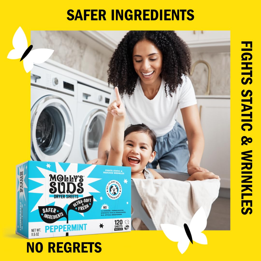 Molly's Suds Fabric Softener Dryer Sheets for Sensitive Skin | Plant-Based Static Reducer, Plastic-Free Packaging | Lavender (120 Sheets) Nirvana Guru