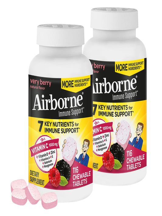 Airborne 1000mg Vitamin C + Zinc Immune Support Supplement Chewable Tablets, Very Berry Flavor with Powerful Antioxidants Vitamins A C & E, 116 Chewable Tablets (2 Pack) Nirvana Guru