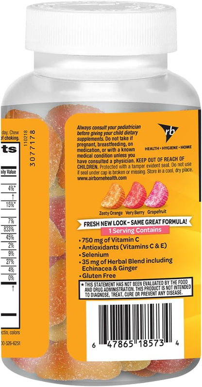 Airborne 750mg Vitamin C Immune Support Supplement Gummies for Adults, Assorted Fruit Flavor, Gluten Free Crafted Blend with Powerful Antioxidants Vitamins A C & E, 42 Gummies (2 Pack) Nirvana Guru