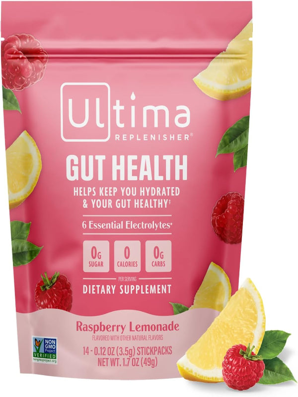 Ultima Replenisher Gut Health Supplement and Electrolytes Powder - Raspberry Lemonade, 14 Stickpacks - Hydration Packets with Added Gut Health Benefits - Nirvana Guru