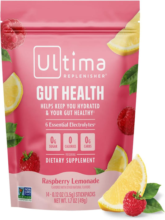 Ultima Replenisher Gut Health Supplement and Electrolytes Powder - Raspberry Lemonade, 14 Stickpacks - Hydration Packets with Added Gut Health Benefits - Nirvana Guru