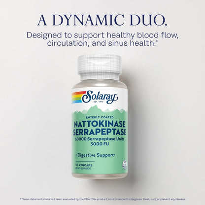SOLARAY Nattokinase Serrapeptase Supplement - Enteric Coated - 3000 FU Nattokinase Supplement - Circulation, Cardiovascular, Sinus Support - Lab Verified, 60-Day Guarantee - 30 Servings, 30 VegCaps Nirvana Guru