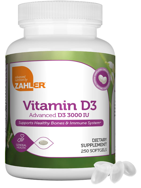 Zahler Vitamin D3 3000IU, Vitamin D3 Supplement 3,000 IU, Certified Kosher (250 Softgels) - Nirvana Guru