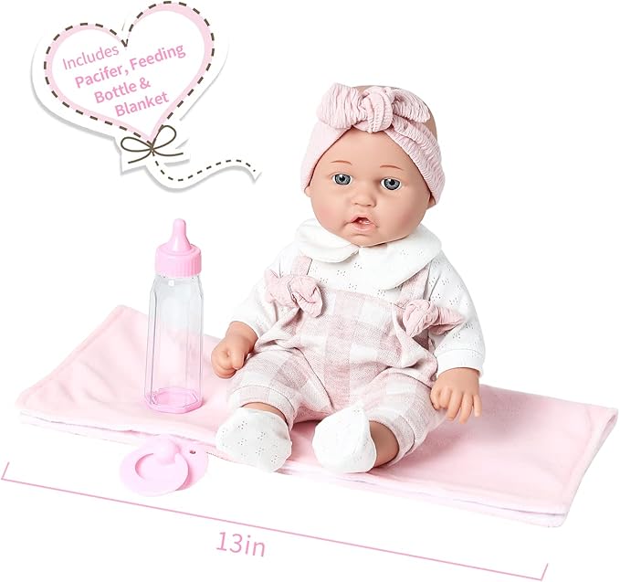 Enjoyin 12'' Baby Doll in Gift Box with Pink Cloths, Pacifier, 13''x13'' Microfabric Blanket, and Feeding Bottle. Gift Idea for Ages 3+ nirvanaguru