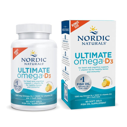 Nordic Naturals Ultimate Omega-D3, Lemon Flavor - 120 Soft Gels - 1280 mg Omega-3 + 1000 IU Vitamin D3 - EPA & DHA - Promotes Brain, Heart, & Immune Health - 60 Servings - Nirvana Guru