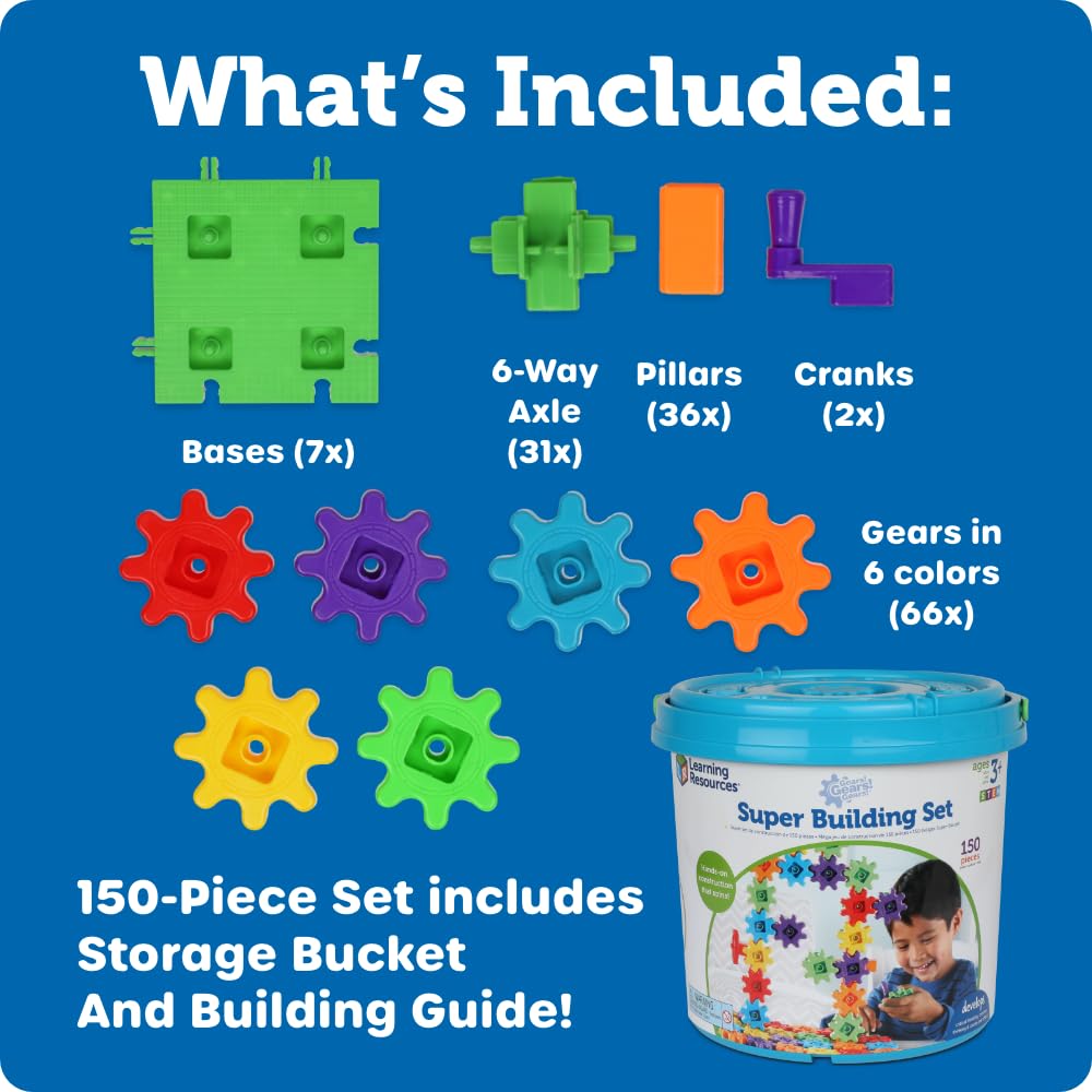 Learning Resources Gears! Gears! Gears! Super Building Toy Set, STEM Toys, Construction Toys, Gears for Kids, 150 Pieces, Ages 3+, Blue