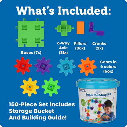 Learning Resources Gears! Gears! Gears! Super Building Toy Set, STEM Toys, Construction Toys, Gears for Kids, 150 Pieces, Ages 3+, Blue