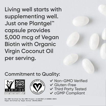 Sports Research Extra Strength Vegan Biotin (Vitamin B) Supplement with Organic Coconut Oil - Supports Keratin for Healthier Hair & Skin - Great for Women & Men - 5,000mcg, 120 Veggie Softgel Capsules - Nirvana Guru