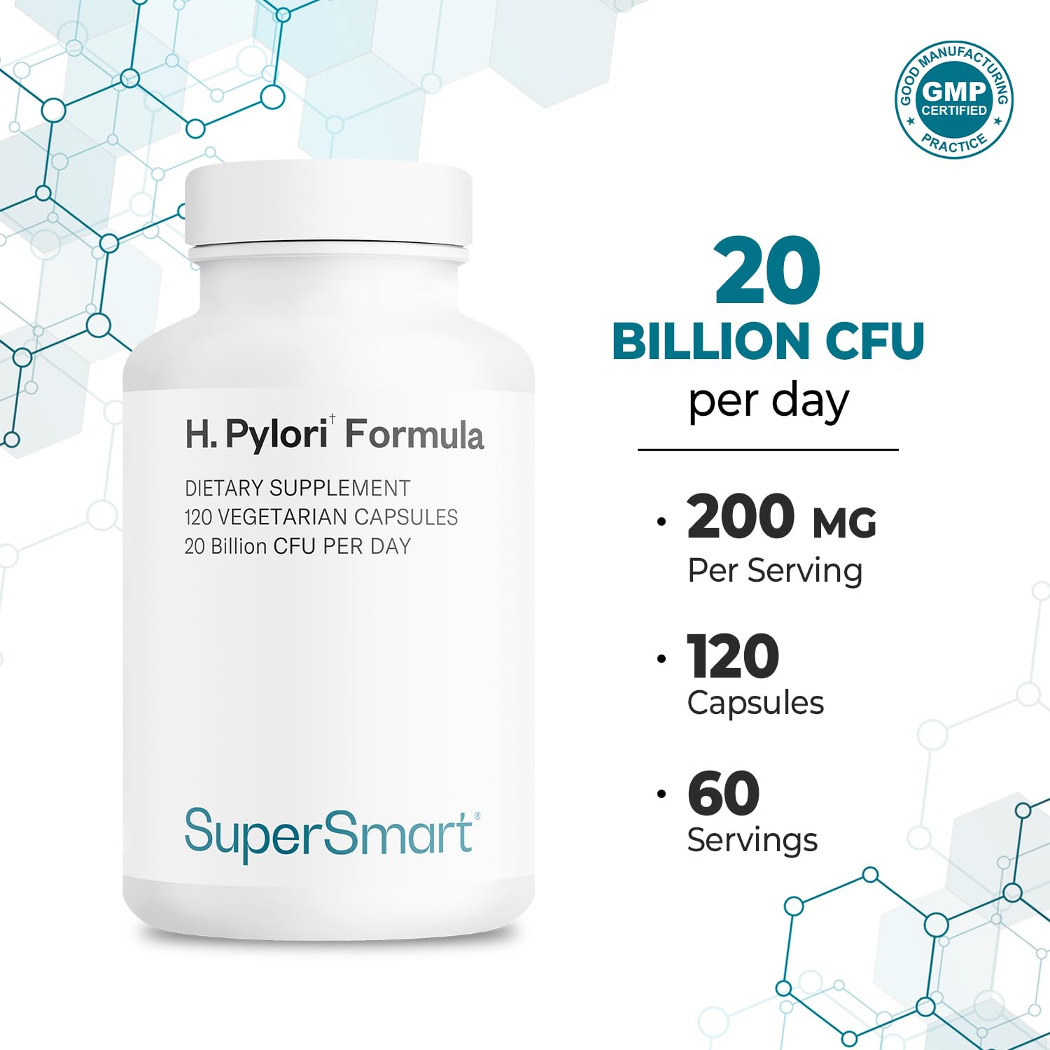 Supersmart H. Pylori Formula 20 Billion CFU per Day (High Potency) - Patented Pylopass Probiotic Lactobacillus Reuteri DSM 17648 Supplement | Non-GMO & Gluten Free - 60 Vegetarian Capsules Nirvana Guru