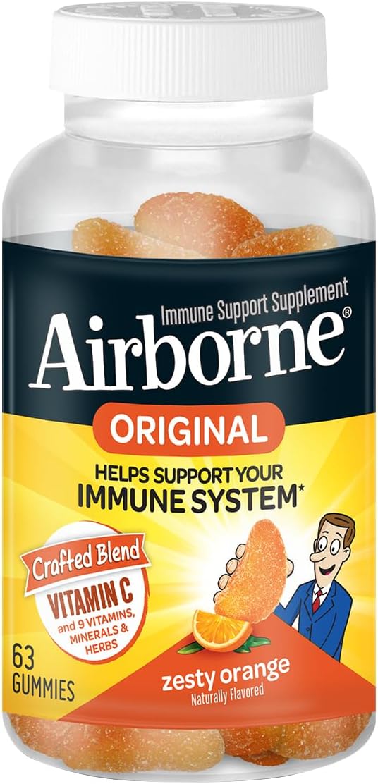 Airborne Vitamin C 750mg (per Serving) Zesty Orange Flavored Gummies (63 Count in a Bottle), Gluten-Free Immune Support Supplement with Vitamins A C E, Selenium, Echinacea & Ginger Nirvana Guru