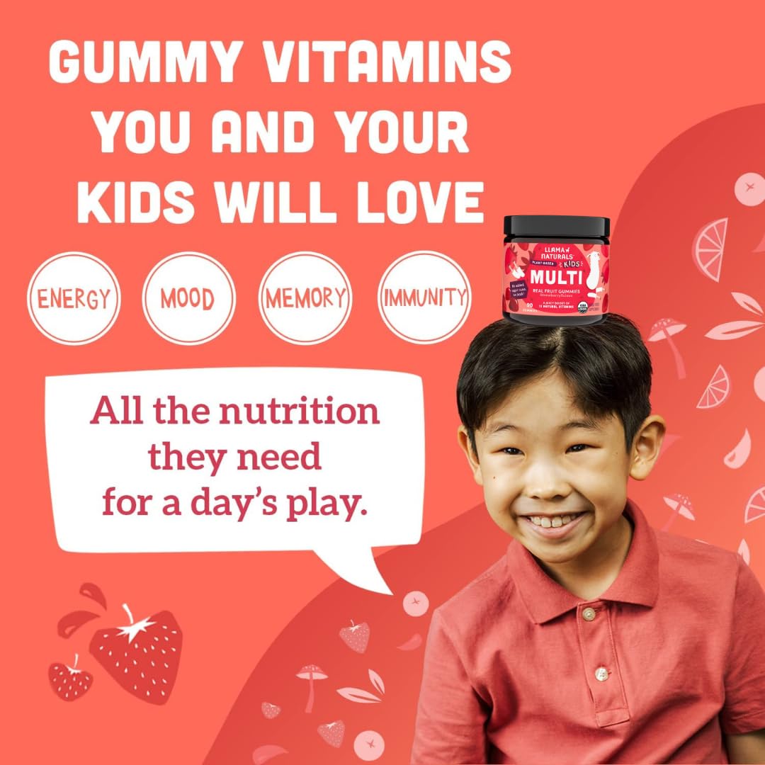 Llama Naturals Kids Multivitamin Gummies, Vegan, Organic with Vitamin D, C & K, Toddler Real Fruit Gummy Vitamins, Chewable Supplement, Whole Food Multivitamin, No Added Sugar Cane, Strawberry, 90 Ct Nirvana Guru