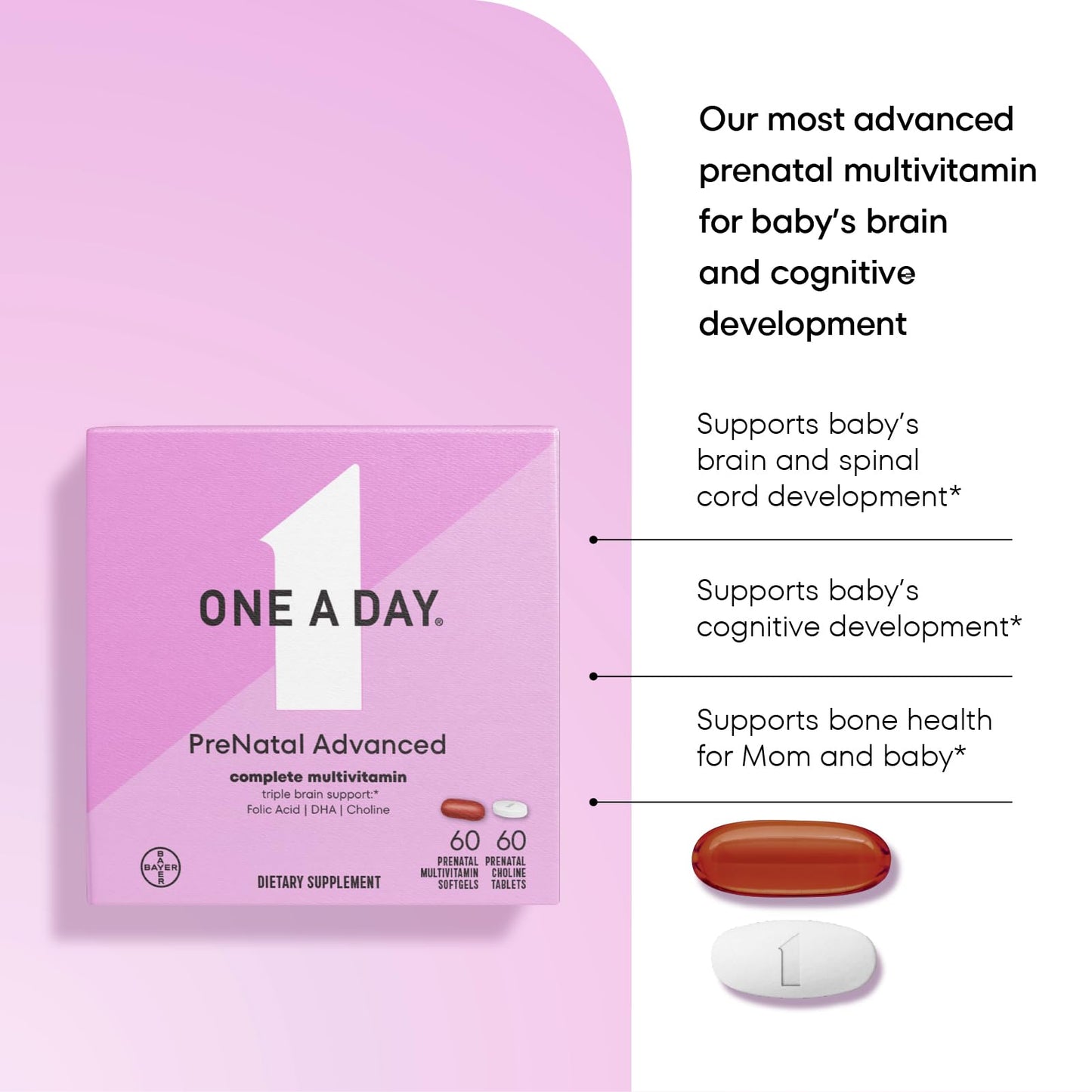 ONE A DAY Women’s Prenatal Advanced Complete Multivitamin with Brain Support* with Choline, Folic Acid, Omega-3 DHA & Iron for Pre, During & Post Pregnancy, 60+60 Ct (120 Total) (Packaging May Vary) Nirvana Guru