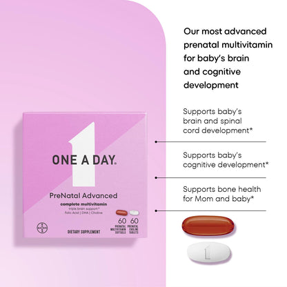 ONE A DAY Women’s Prenatal Advanced Complete Multivitamin with Brain Support* with Choline, Folic Acid, Omega-3 DHA & Iron for Pre, During & Post Pregnancy, 60+60 Ct (120 Total) (Packaging May Vary) Nirvana Guru