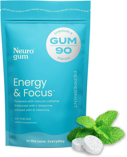 NeuroGum Energy & Focus Gum (Peppermint, 54 Pieces) | 40mg Natural Caffeine + L-Theanine + Vitamin B12 & B6 + Xylitol | Sugar Free Nootropic Cognitive Brain Performance Supplement