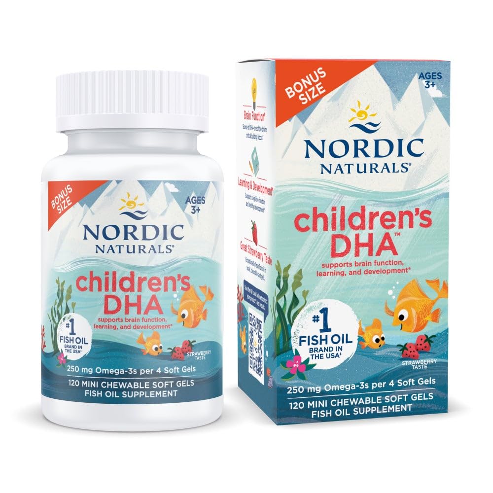 Nordic Naturals Children’s DHA, Strawberry - 120 Mini Chewable Soft Gels for Kids - 250 mg Omega-3 with EPA & DHA - Brain Development & Function - Non-GMO - 30 Servings - Nirvana Guru