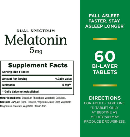 Nature's Bounty Melatonin 5mg Dual Spectrum, 100% Drug Free Sleep Supplement, Quick Release and Extended Release, Promotes Relaxation and Sleep Health, 60 Bi-Layer Tablets Nirvana Guru