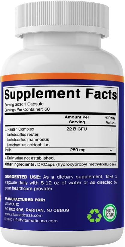 Vitamatic Lactobacillus Reuteri Complex – 22 Billion CFU per Delayed Release Capsule – 60 Capsules – Digestive & Gut Health Support – with Prebiotic Inulin Fiber - Nirvana Guru