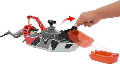 Mattel Matchbox Toy Car Playset, Jurassic World 12.5” Dino Boat with 13” Mosasaurus Dinosaur, 1:64 Die-Cast Jeep, Harpoon Missiles & Detachable Rescue Boat Nirvana Guru