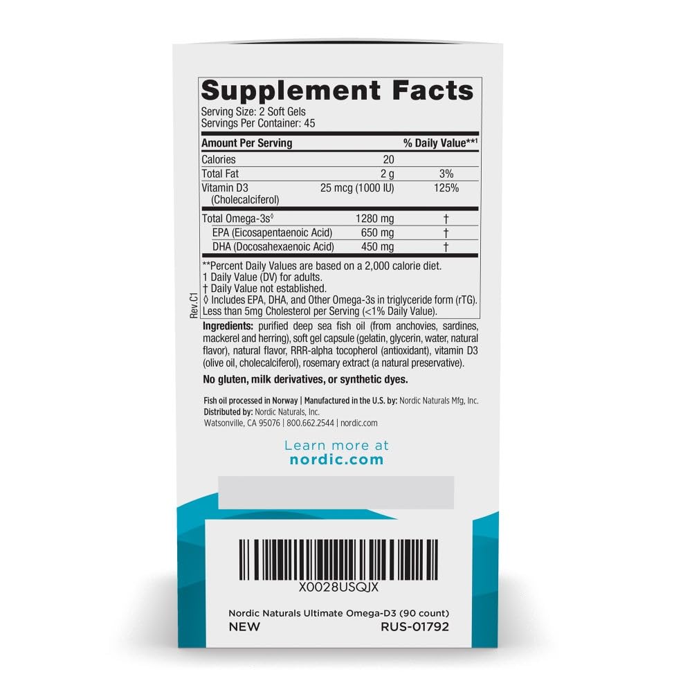 Nordic Naturals Ultimate Omega-D3, Lemon Flavor - 120 Soft Gels - 1280 mg Omega-3 + 1000 IU Vitamin D3 - EPA & DHA - Promotes Brain, Heart, & Immune Health - 60 Servings - Nirvana Guru