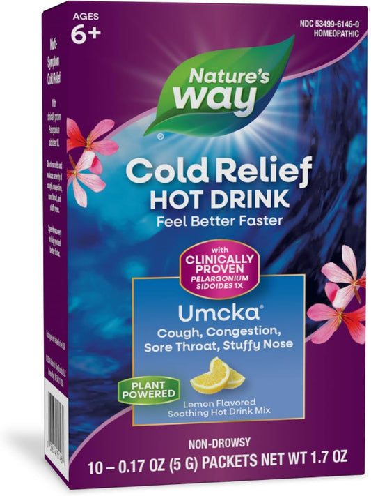 Nature's Way Umcka ColdCare Soothing Hot Drink - Homeopathic – With Pelargonium sidoides 1X- Helps Shorten Duration of Colds - Soothing Lemon Flavored - Suitable for Ages 6+ - 10 Packets - Nirvana Guru