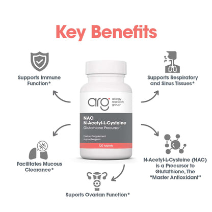 Allergy Research Group NAC Supplement - N-Acetyl-L-Cysteine, Glutathione Precursor, Supports Immune Function, Healthy Mucus Clearance, Free Form Amino Acid, Hypoallergenic - 120 Count Nirvana Guru