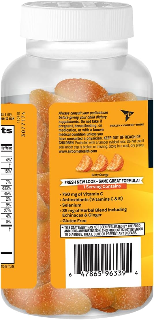 Airborne 750mg Vitamin C Immune Support Supplement Gummies for Adults, Zesty Orange Flavor, Gluten Free Crafted Blend with Powerful Antioxidants Vitamins A C & E, 63 Gummies (6 Pack) Nirvana Guru