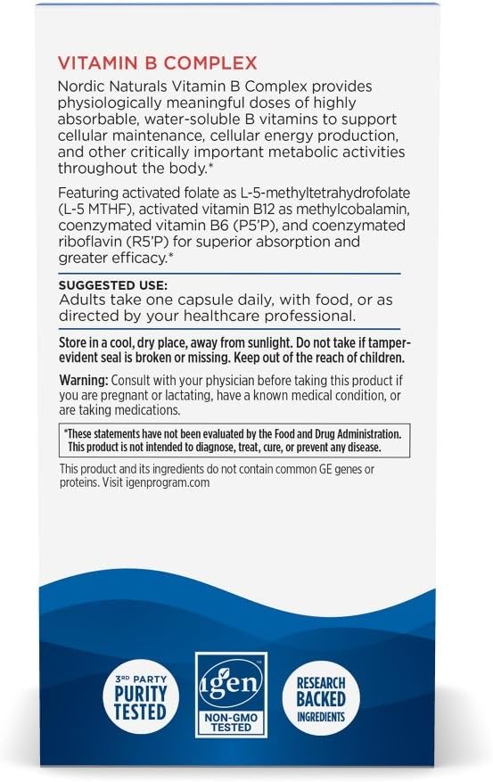 Nordic Naturals Vitamin B Complex - 45 Capsules Thiamine, Riboflavin, Niacin, B6 & B12, Folate, Biotin, Pantothenic Acid Heart Brain Health, Energy, Metabolism Non-GMO Servings - Nirvana Guru