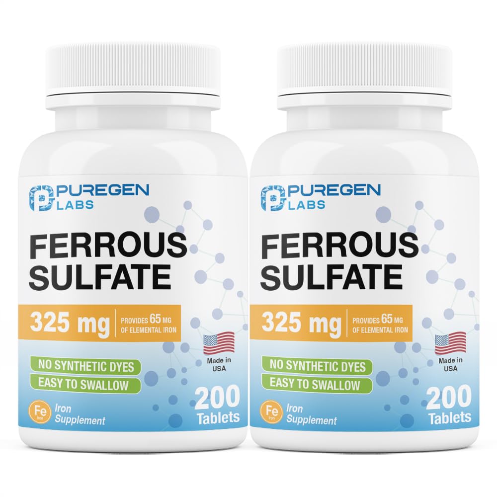 Puregen Labs Ferrous Sulfate 325 mg (65 mg Elemental Iron) High Potency Iron Supplement | No Artificial Color Additives - 200 Tablets Made in USA Nirvana Guru