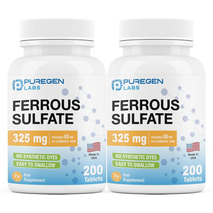 Puregen Labs Ferrous Sulfate 325 mg (65 mg Elemental Iron) High Potency Iron Supplement | No Artificial Color Additives - 200 Tablets Made in USA Nirvana Guru