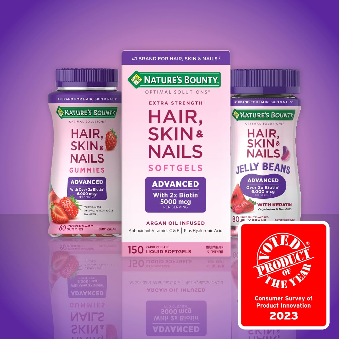 Nature's Bounty Advanced Hair, Skin & Nails, Argan-Infused Vitamin Supplement with Biotin and Hyaluronic Acid, 150 Rapid Release Softgels, 50 Total Servings