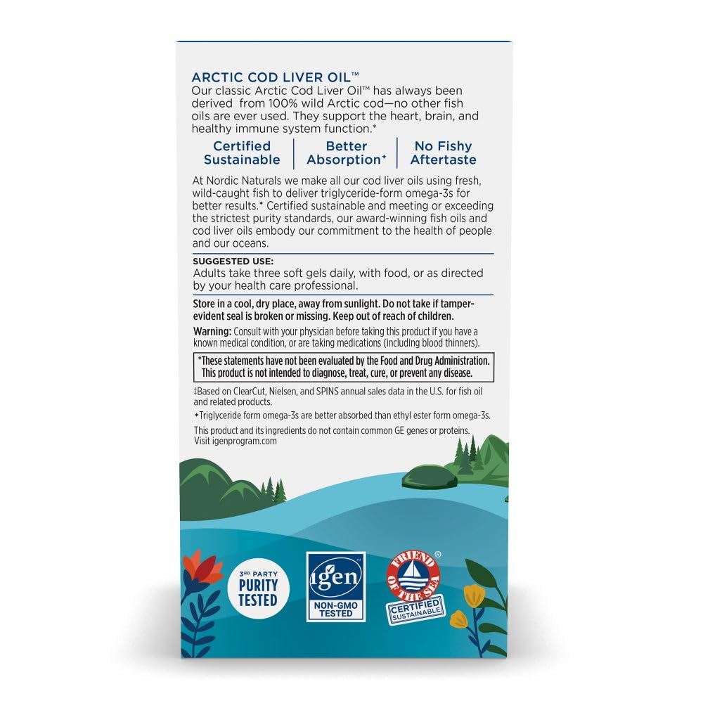 Nordic Naturals Arctic Cod Liver Oil, Lemon - 180 Soft Gels - 750 mg Total Omega-3s with EPA & DHA - Heart & Brain Health, Healthy Immunity, Overall Wellness - Non-GMO - 60 Servings - Nirvana Guru