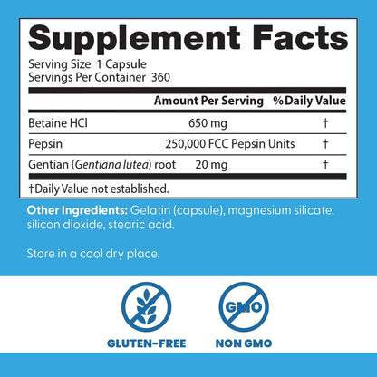 Doctor's Best Betaine HCI Pepsin & Gentian Bitters, Digestive Enzymes for Protein Breakdown & Absorption, Non-GMO, Gluten Free, 360 Count (Pack of 1) - Nirvana Guru