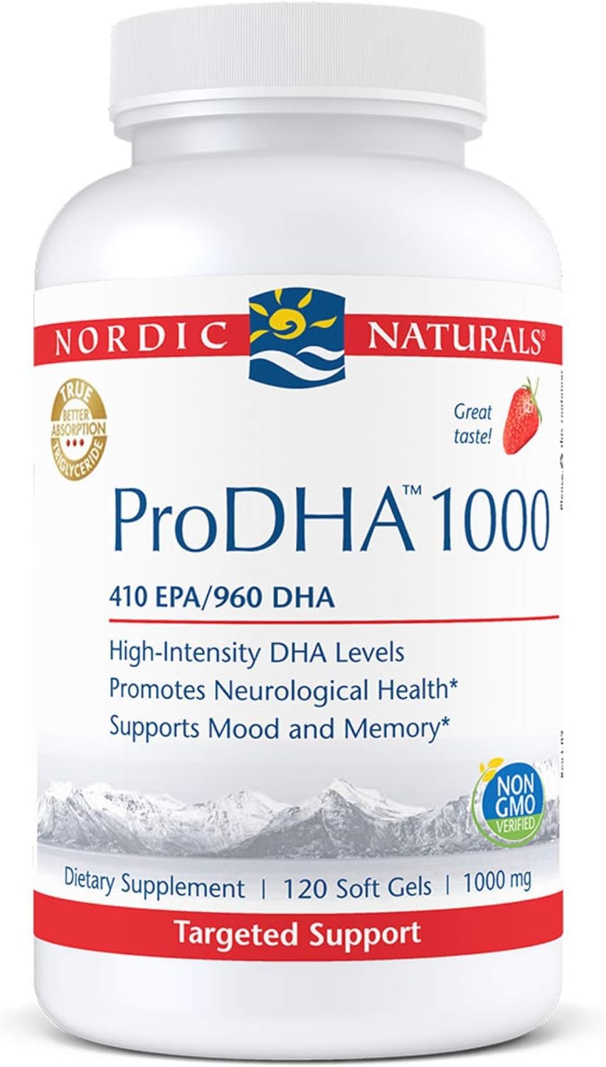 Nordic Naturals ProDHA 1000, Strawberry - 120 Soft Gels - 1660 mg Omega-3 - High-Intensity DHA Formula for Neurological Health, Mood & Memory - Non-GMO - 60 Servings - Nirvana Guru