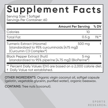 Sports Research Turmeric Curcumin C3 Complex - Softgels with Bioperine Black Pepper Extract & Organic Coconut Oil, Standardized 95% Curcuminoids - Non-GMO Verified & Gluten Free - 500mg, 120 Count - Nirvana Guru