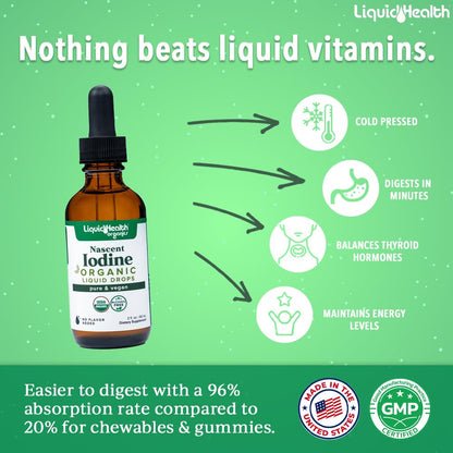 LIQUIDHEALTH USDA Organic Nascent Iodine Liquid Drops, Pure Iodine Supplement for Thyroid & Immune Support, Energy Supplement - Made in USA, Vegan, Colorless, Tasteless Tincture (2 oz) Nirvana Guru