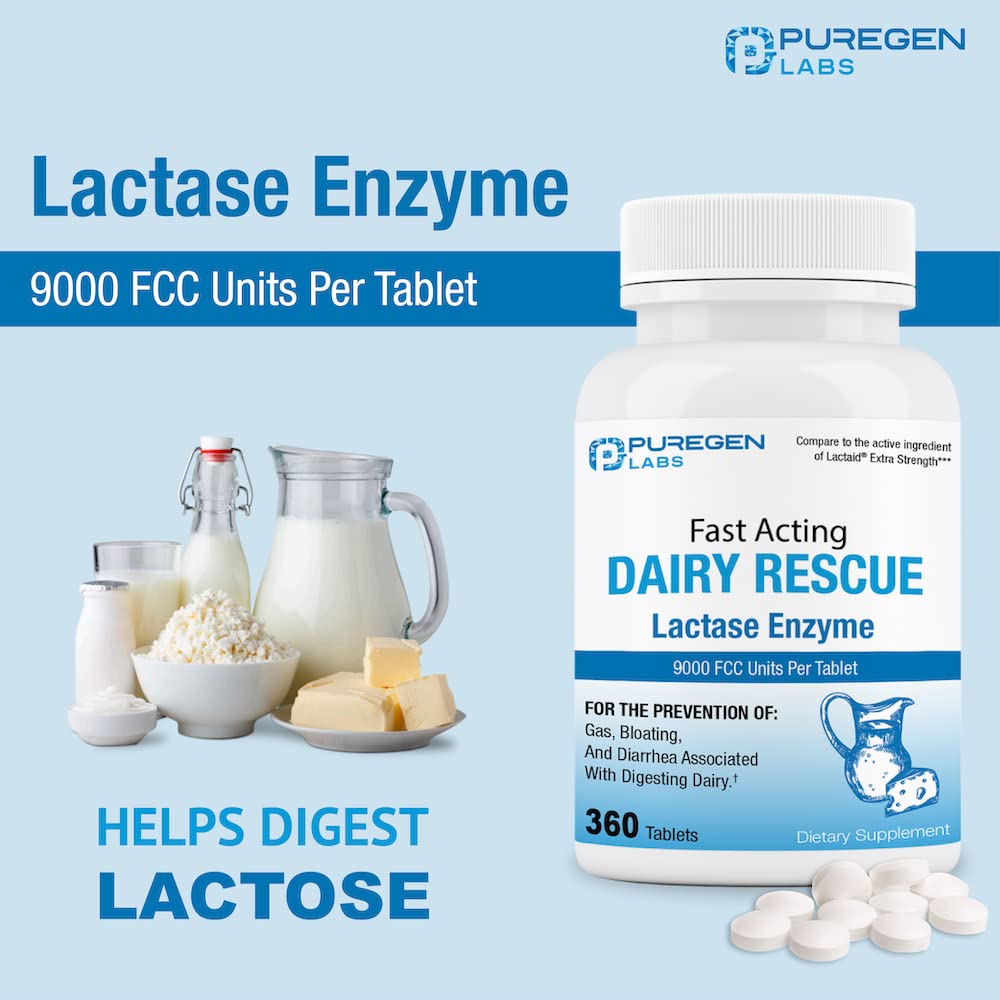 Puregen Labs Dairy Relief Fast Acting Lactase Enzyme 9000 FCC, Lactose Intolerance Pills 360 Tablets - Nirvana Guru