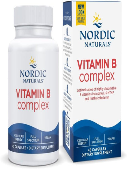 Nordic Naturals Vitamin B Complex - 45 Capsules Thiamine, Riboflavin, Niacin, B6 & B12, Folate, Biotin, Pantothenic Acid Heart Brain Health, Energy, Metabolism Non-GMO Servings - Nirvana Guru