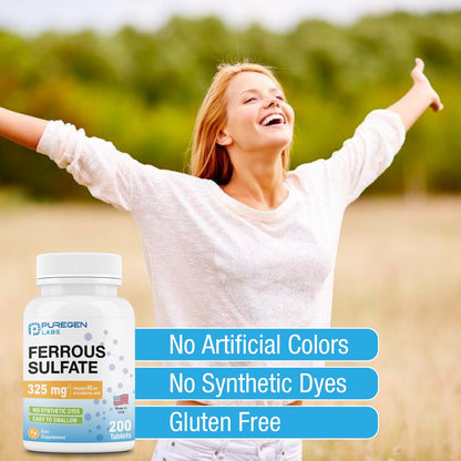 Puregen Labs Ferrous Sulfate 325 mg (65 mg Elemental Iron) High Potency Iron Supplement | No Artificial Color Additives - 200 Tablets Made in USA Nirvana Guru