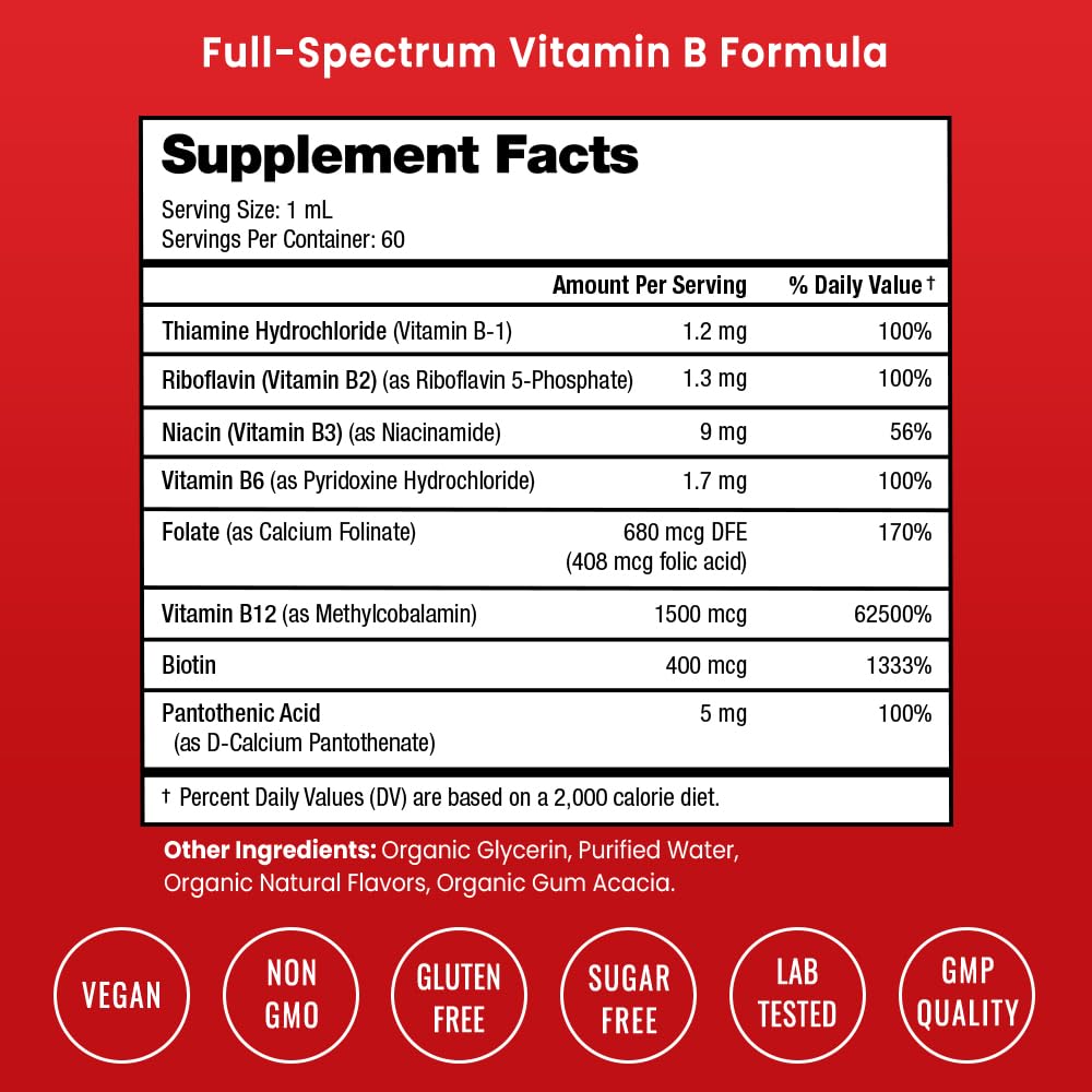 USDA Organic Vitamin B Complex Liquid Drops | B Vitamins Complex Supplement with B1, B2, B3, B6, B7, B9 & Methyl B12 Drops for Adults & Kids | Vegan Berry Flavor 2oz | 60 Servings / 2 Month Supply Nirvana Guru