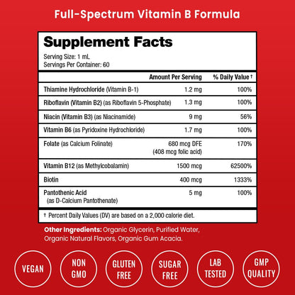 USDA Organic Vitamin B Complex Liquid Drops | B Vitamins Complex Supplement with B1, B2, B3, B6, B7, B9 & Methyl B12 Drops for Adults & Kids | Vegan Berry Flavor 2oz | 60 Servings / 2 Month Supply Nirvana Guru